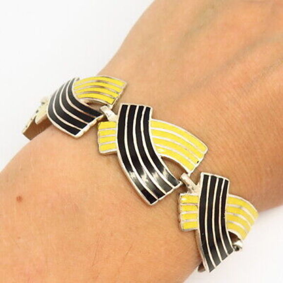 925 Sterling Silver Vintage Mexico Enamel Ribbon Design Link